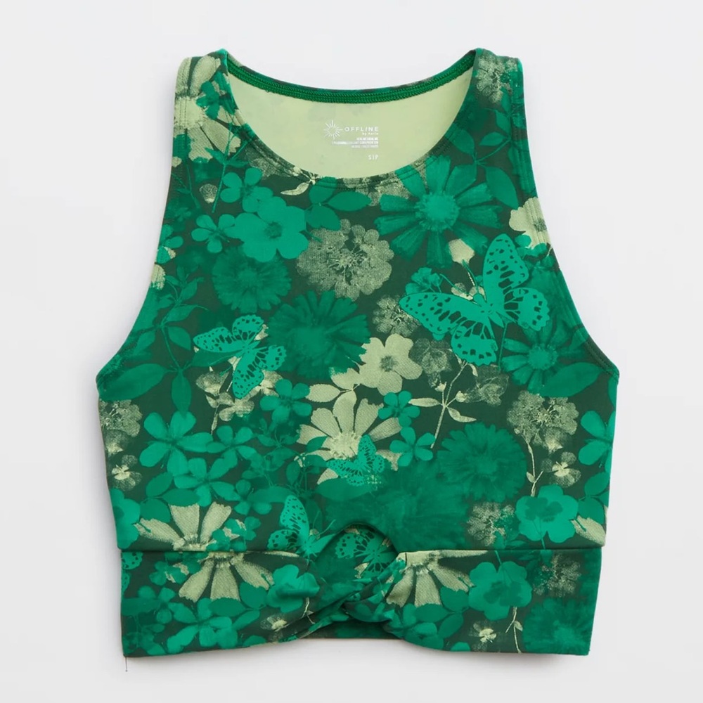 OFFLINE By Aerie Real Me XTRA Twist Crop Tank Top Jade Floral Green Butterfly‎